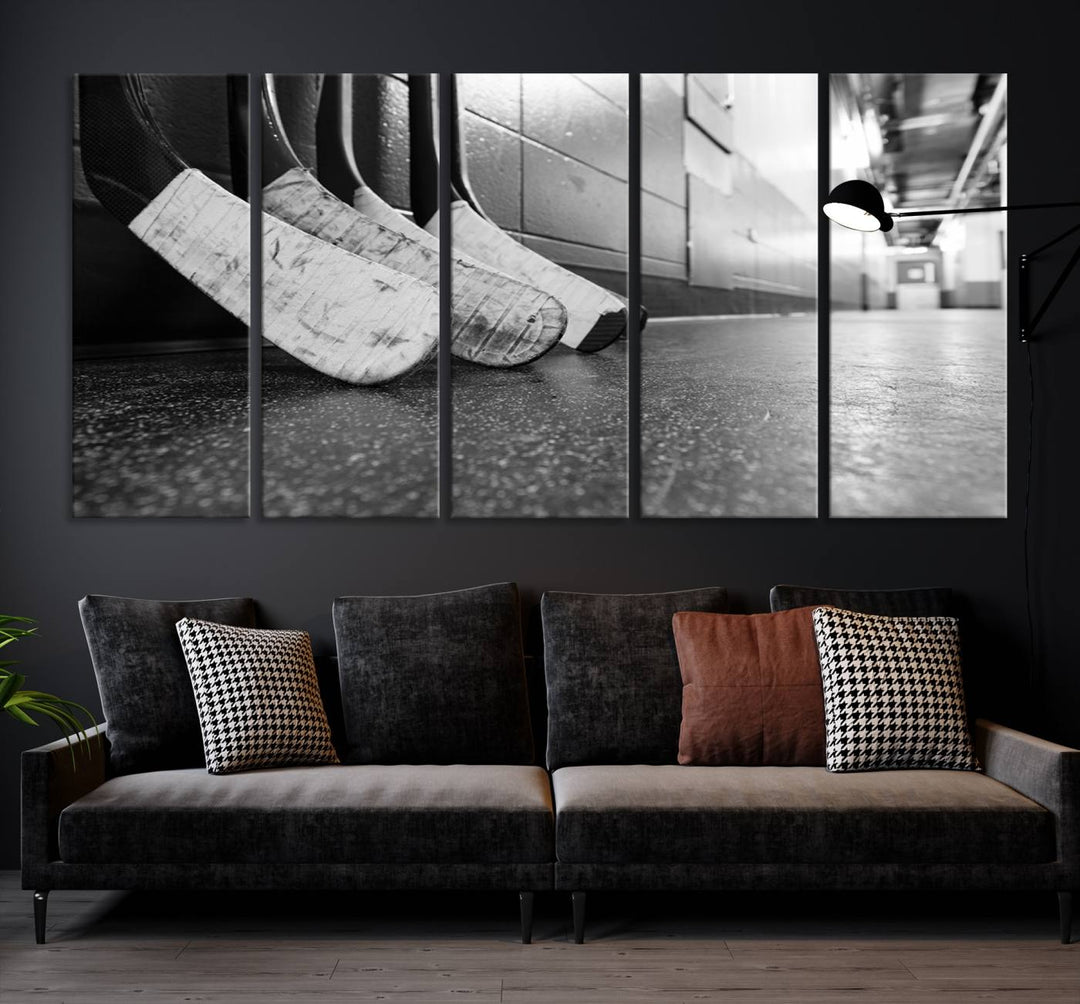 A living room featuring a large Ice Hockey Wall Art Canvas Print on gallery-wrapped canvas.