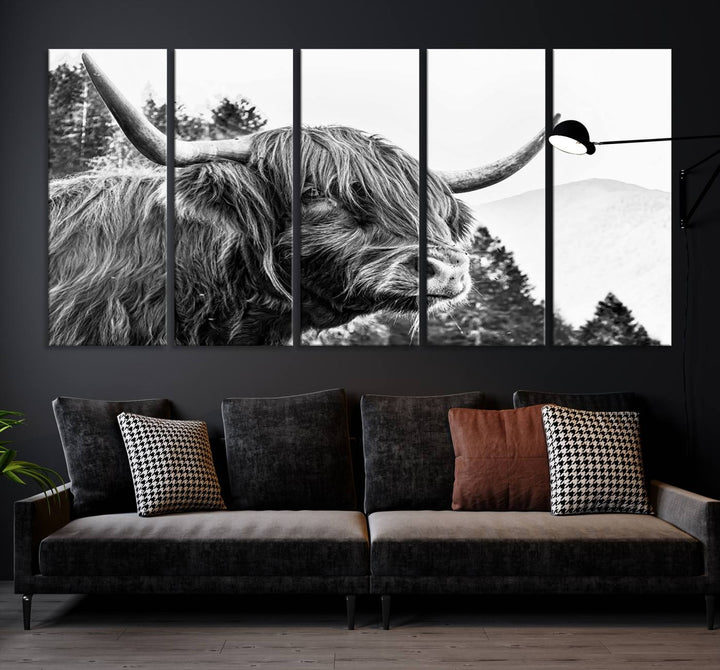 The Scottish Longhorn Wall Art Canvas Print features a highland cow with long horns and shaggy hair displayed on a museum-quality canvas. Equipped with a UV-protective coating for durability, it's ready to hang and enjoy for years to come.