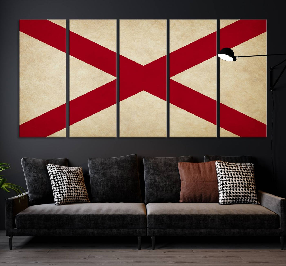 The USA Alabama States Flag Wall Art, featuring a red diagonal cross on a cream background, is elegantly displayed on museum-quality canvas with a UV-protective coating.