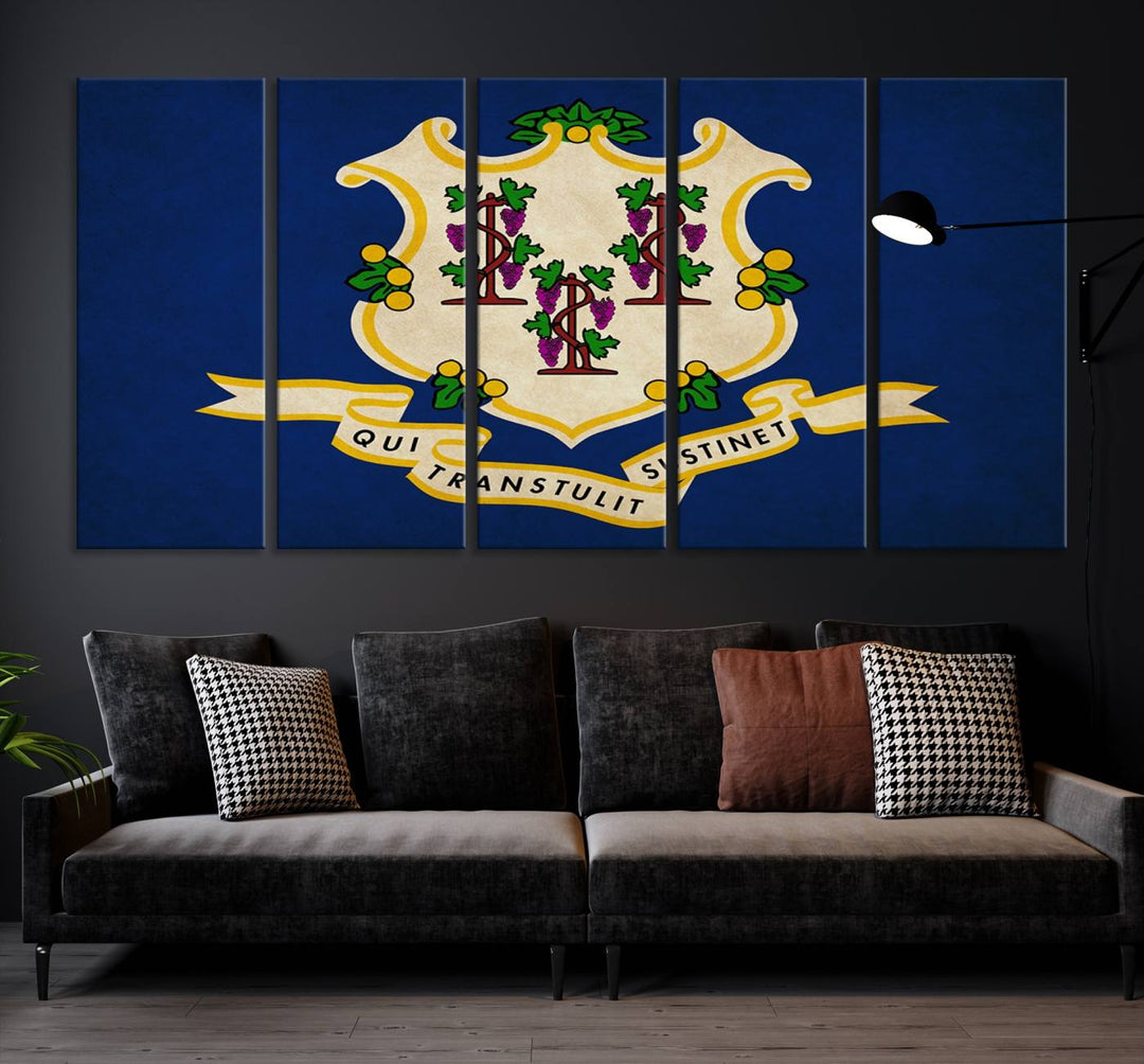 A "Size Connecticut States Flag Wall Art Canvas Print" hangs on the wall, its vibrancy preserved by a UV-protective coating.