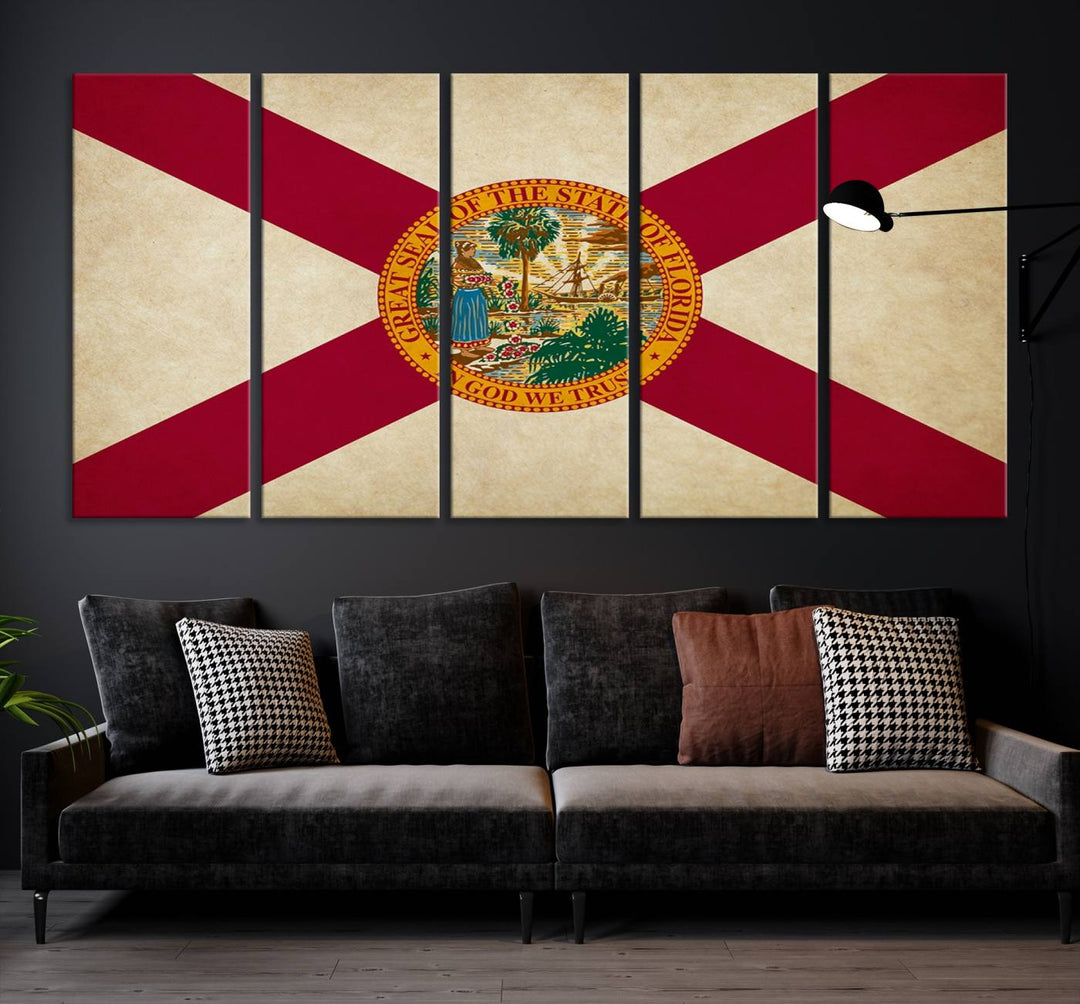 A Florida States Flag Wall Art Canvas Print, featuring a UV-protective coating for museum-quality preservation, is displayed.