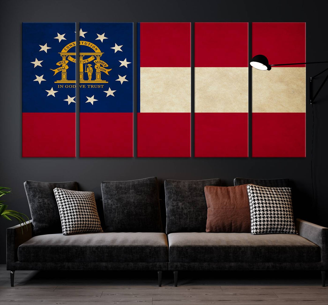 The Georgia States Flag Wall Art Canvas Print, coated with UV protection to preserve its vibrant colors, hangs on the wall.