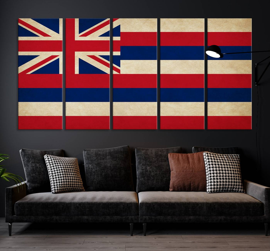 A stunning piece titled "Hawaii USA States Flag Wall Art Canvas Print" adorns the wall. This gallery-wrapped artwork is printed on museum-quality canvas and features a UV-protective coating, ensuring its vibrant colors remain timelessly beautiful.