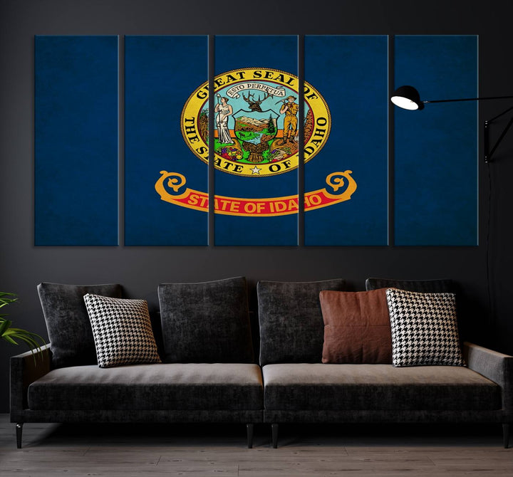 The Idaho USA States Flag Wall Art Canvas Print, featuring a UV-protective coating for lasting vibrancy, is ready to hang.