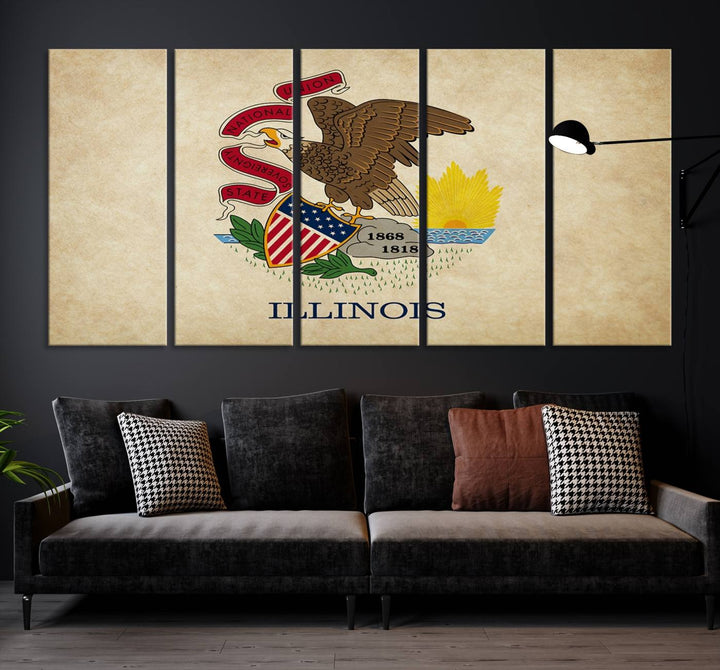 The Illinois State Flag Wall Art Canvas Print, crafted on museum-quality canvas with a UV-protective coating, is displayed prominently.