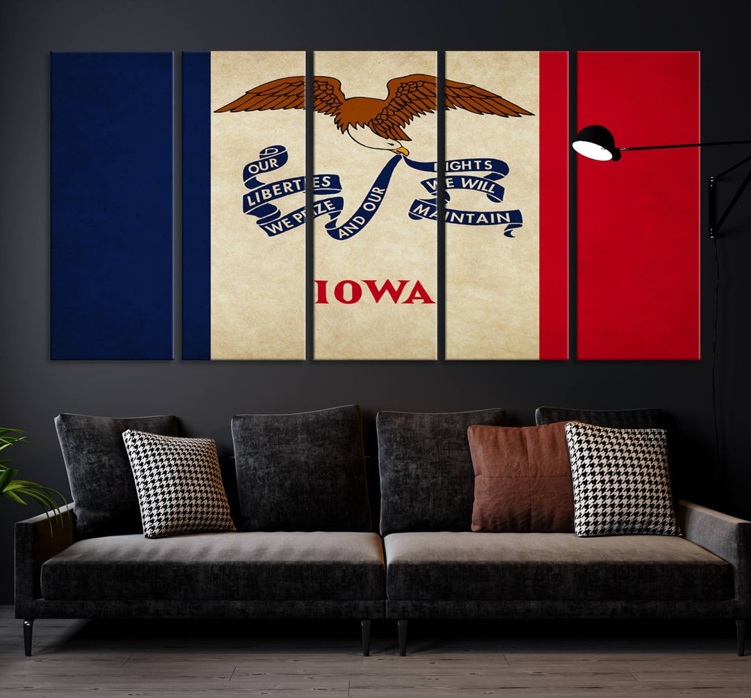 A beautiful Iowa States Flag Wall Art enhances the area, made on museum-quality canvas and boasting a gallery-wrapped design for enduring elegance.