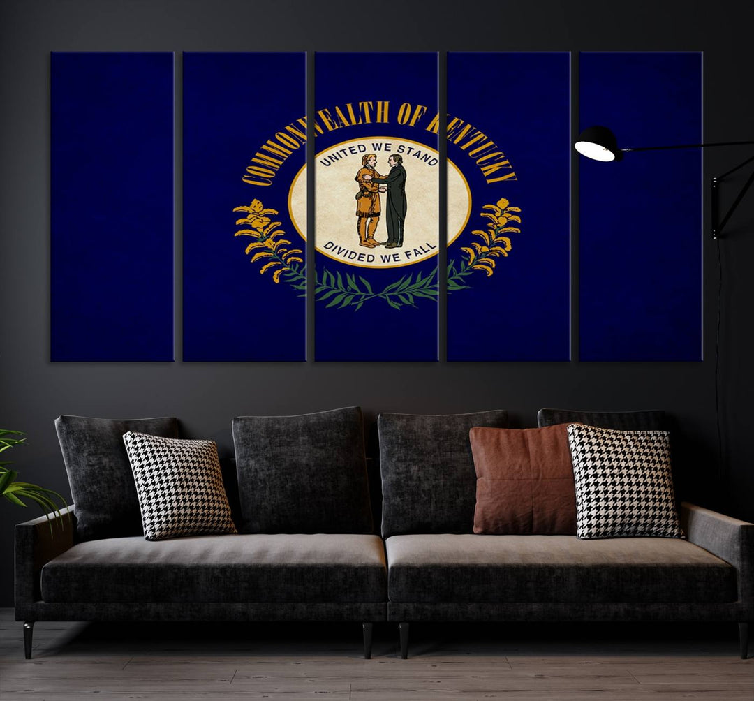 A museum-quality canvas of the Kentucky State Flag Wall Art graces the wall, featuring a UV-protective coating to maintain its vivid colors. Benefit from free shipping on this impressive home decor piece.