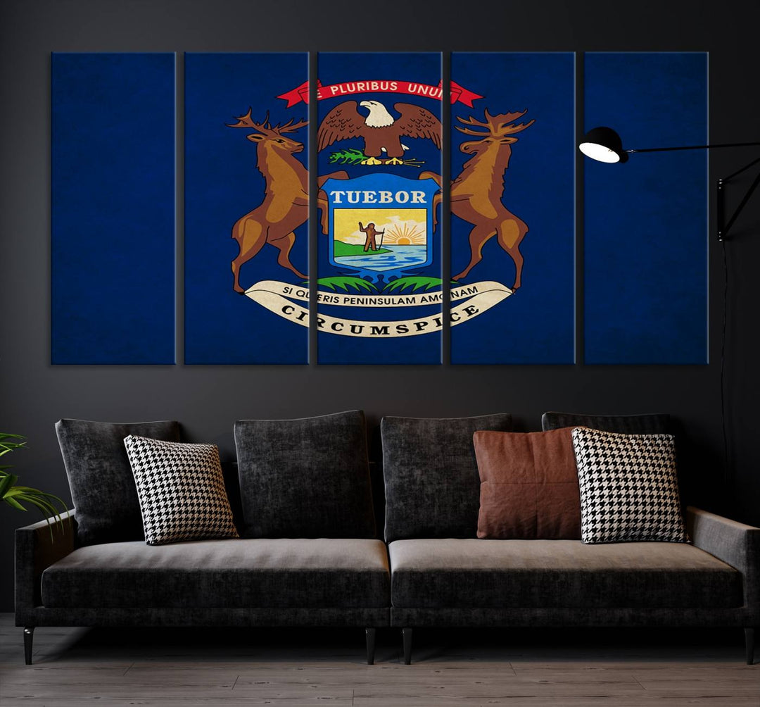 A piece of Michigan State Flag Wall Art on museum-quality canvas features a UV-protective coating to maintain its vibrant colors.