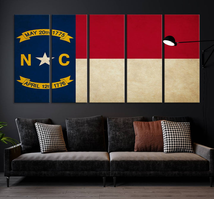 A museum-quality North Carolina State Flag Wall Art Canvas Print graces the wall, adding charm and character to any living space. Enjoy free shipping on this timeless piece.