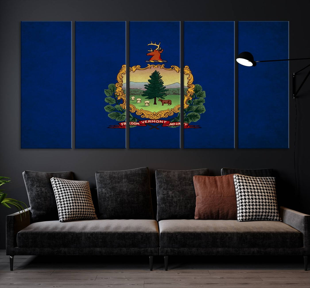 The Vermont Flag Wall Art Canvas Print is a museum-quality piece enhanced with UV-protective finishes, offering both style and durability. Enjoy free shipping on this classic decor addition.