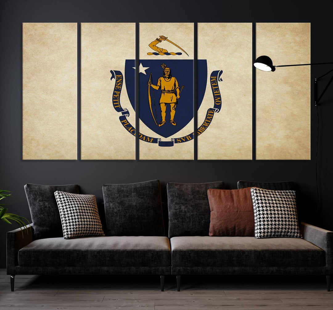 The Massachusetts State of Flag Wall Art Canvas Print, handcrafted on a museum-quality canvas with UV-protective coating, decorates the wall. It is ready to hang and adds a touch of elegance to the space.