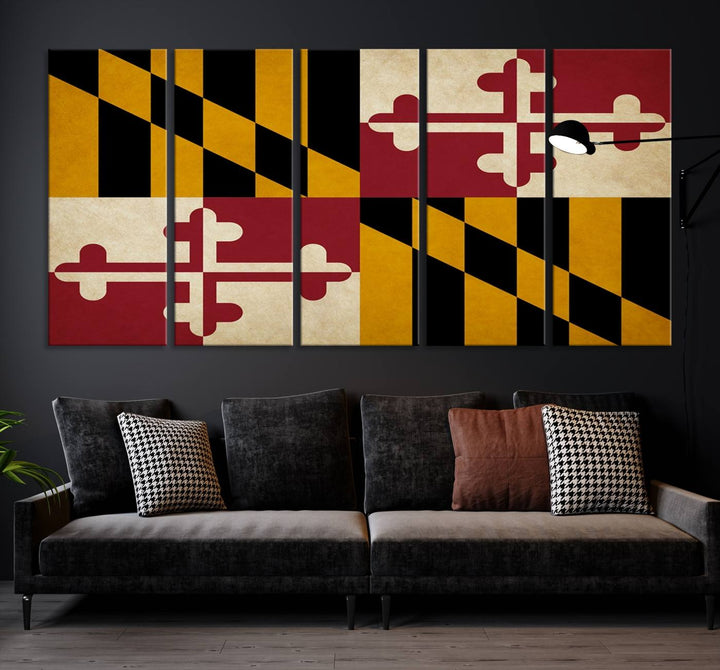 The Maryland Flag Wall Art Canvas Print, boasting a UV-protective coating for vibrant colors and durability, is a museum-quality piece offered with free shipping, making it the perfect addition to your space.