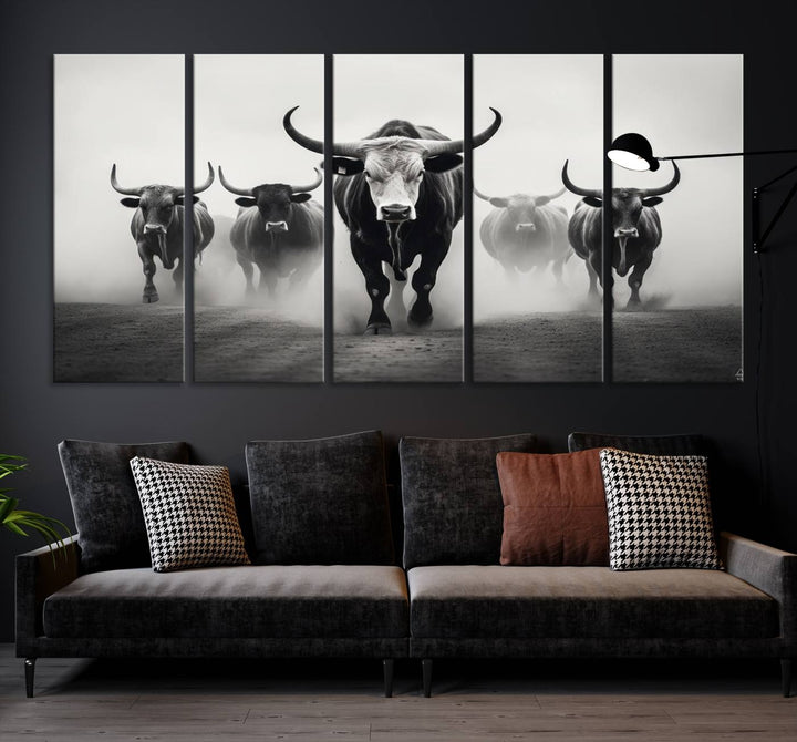 The Texas Longhorn Cow Animal Wall Art Canvas Print beautifully embellishes the area with its depiction of longhorn cattle in a misty setting, seamlessly integrating Western decor into the space.