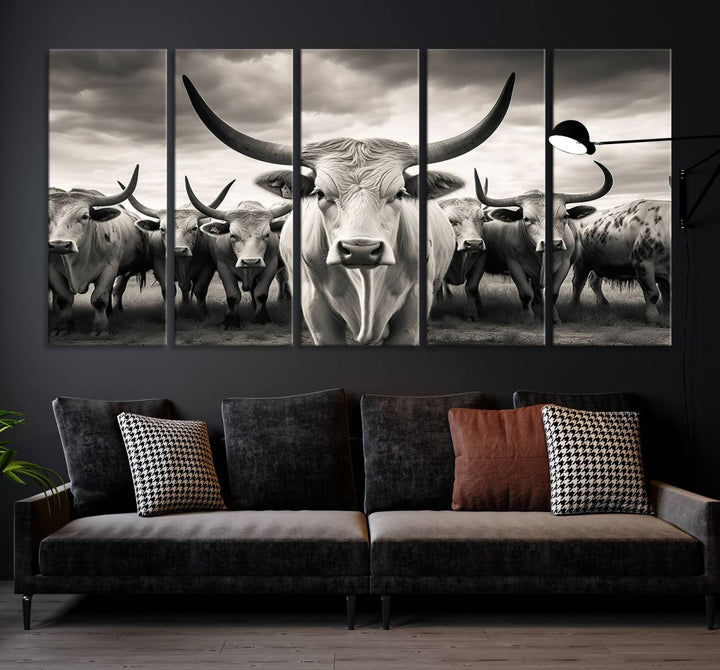 A Texas Longhorn Cow Animal Wall Art Canvas Print introduces a Western-themed accent.