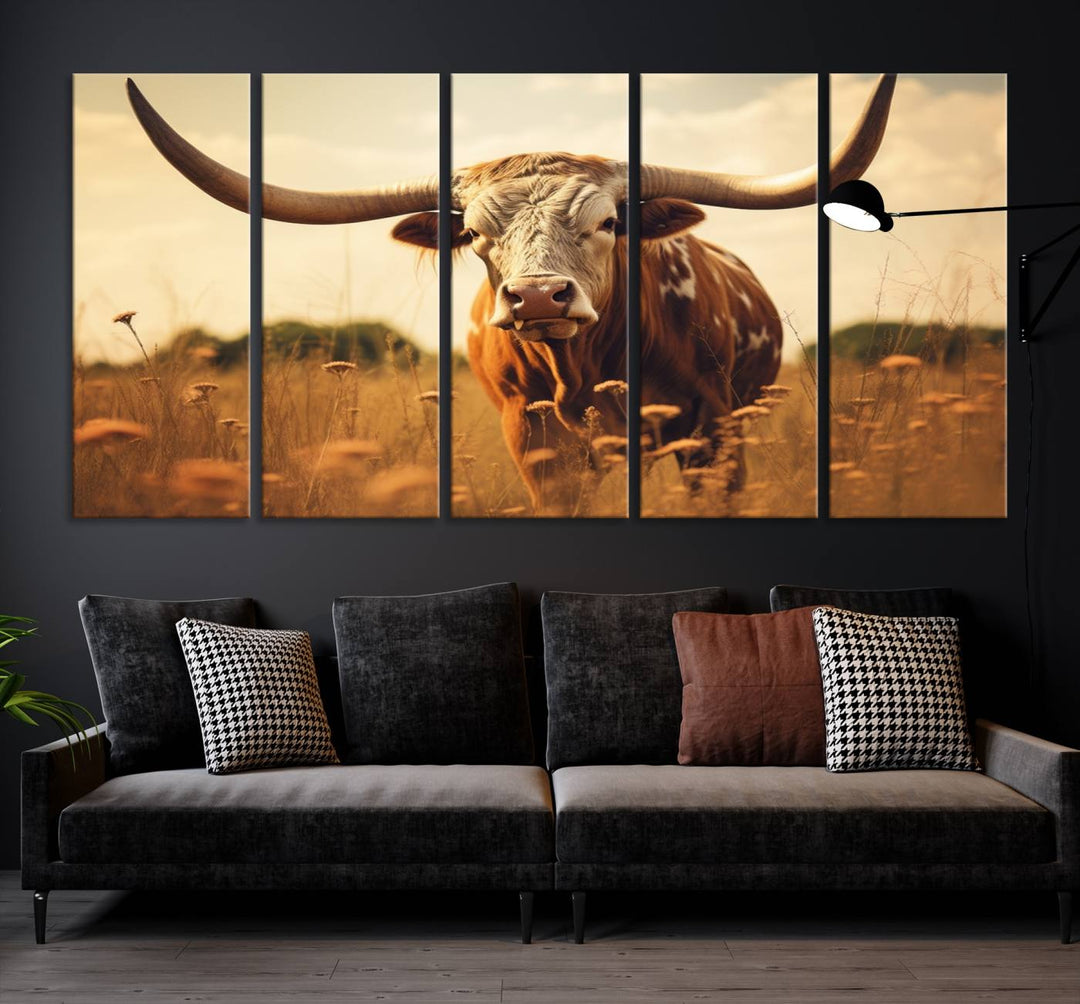 Cow Bighorn Wall Art Canvas Print, Longhorn Texas Cow Animal Canvas Print