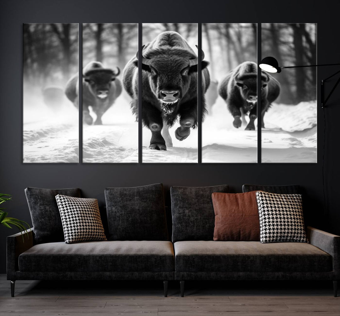 Transform your living room with the Buffalo Wall Art Canvas Print triptych, showcasing a bison family in motion across a snowy landscape. This striking Western decor piece becomes the focal point of any room.