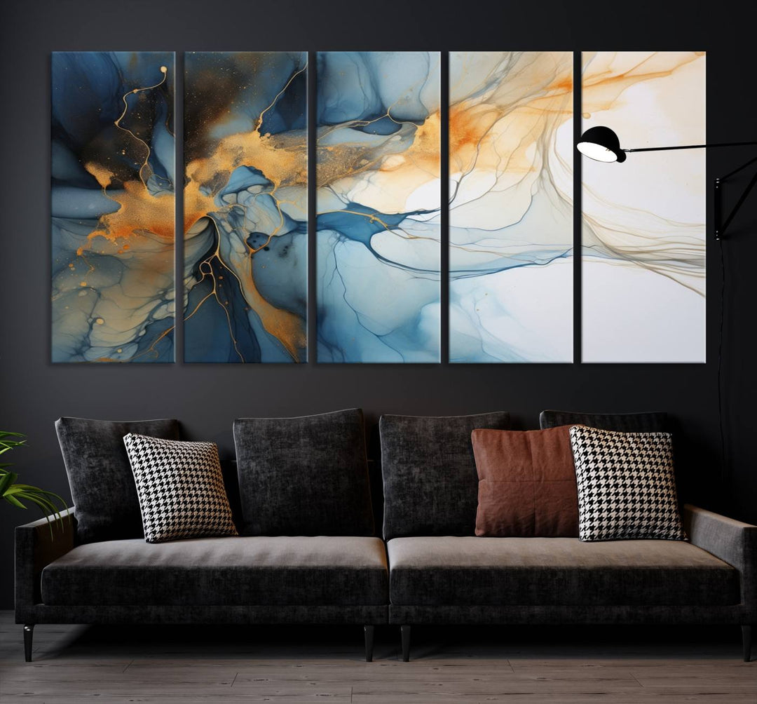 Art mural abstrait bleu marine orange, impression abstraite, impression sur toile abstraite