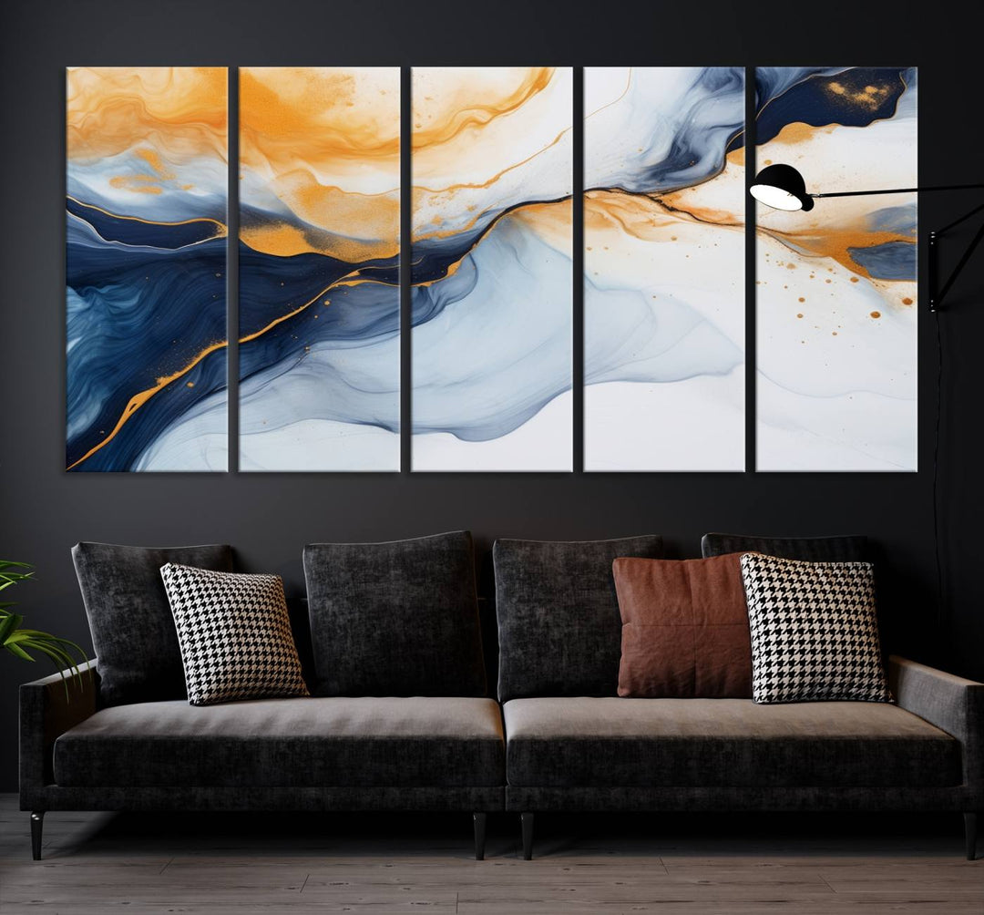 Modern living room featuring the 'Extra Large Orange Navy Blue Abstract Wall Art Canvas Print.'