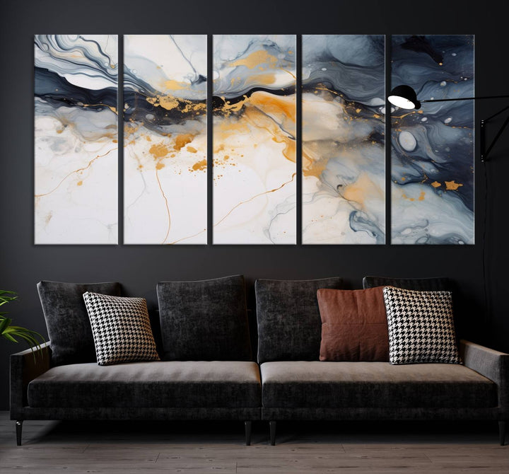 The Dark Blue and Orange Abstract Wall Art, featuring museum-quality canvas with captivating dark and golden swirls, is ready to hang and boasts a UV-protective coating to ensure enduring vibrancy and sophistication.