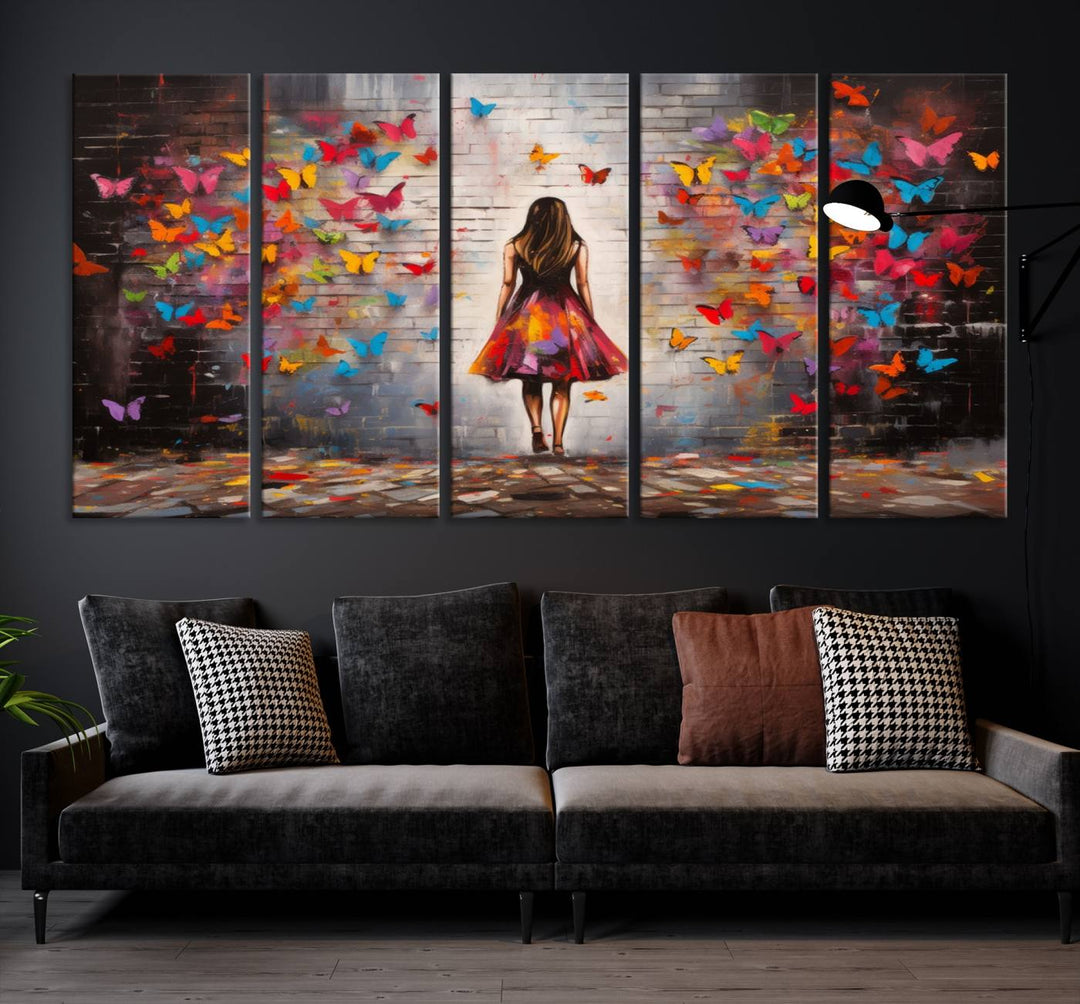 A vibrant artwork titled "Graffiti Wall Art Canvas Print Girl Butterfly Graffiti Abstract Canvas Print" is displayed above the couch. This gallery-wrapped masterpiece, printed on museum-quality canvas, features a UV-protective coating to preserve its vivid beauty.