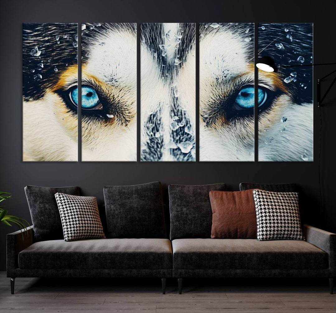 The captivating "Winter Siberian Husky Wolf EYE Wall Art Canvas Print" showcases the striking blue eyes of the animal portrait.