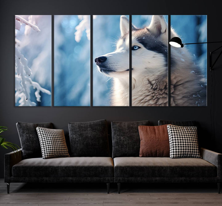 A captivating Winter Siberian Husky Wolf Wall Art Canvas Print hangs prominently.