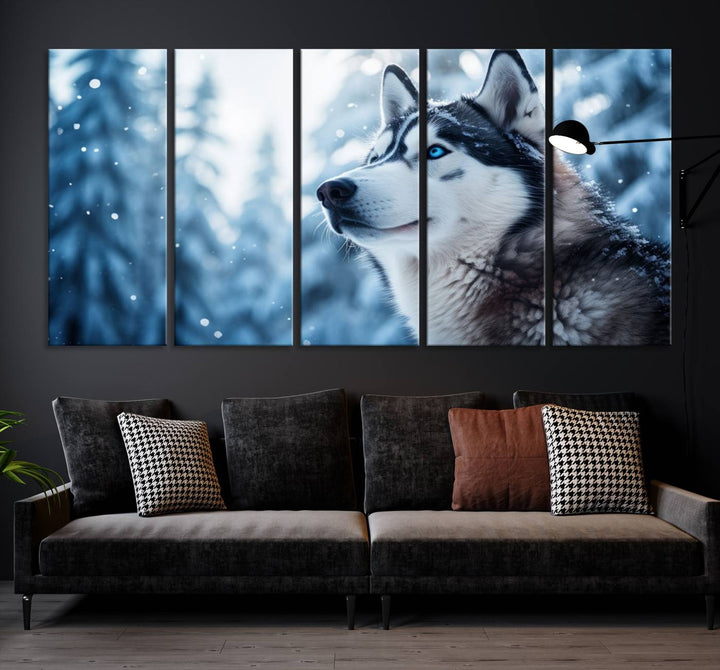 The "Winter Siberian Husky Wolf Wall Art Canvas Print" is elegantly displayed, enhancing the room's cozy ambiance in a snowy forest setting.