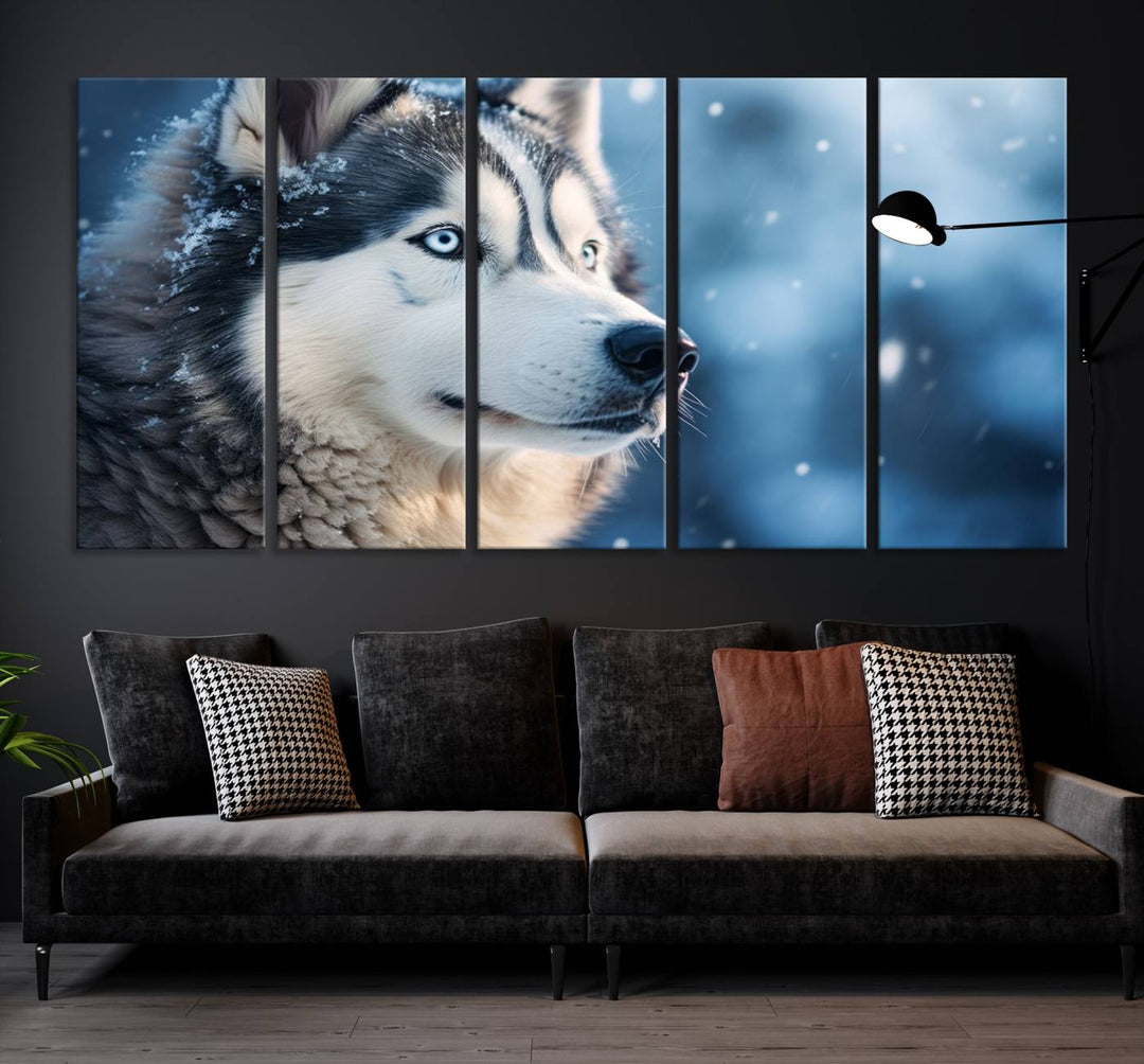 The space above the sofa features the Winter Siberian Husky Wolf Wall Art Canvas Print, creating a stunning snowy scene.