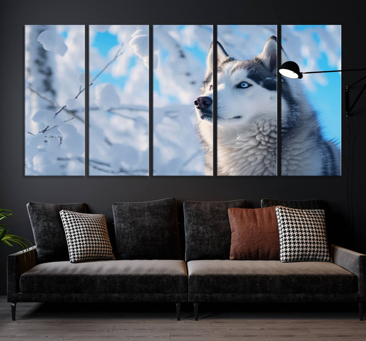 The Siberian Husky Art Canvas elegantly enhances the room.