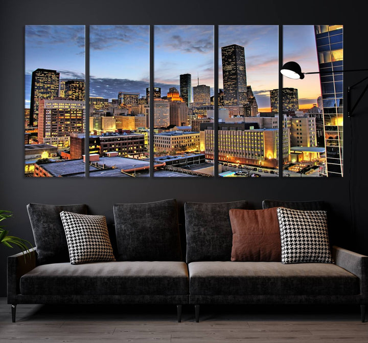 The modern living room features the Houston Wall Art Canvas Print on the wall. This professional craftsman framed masterpiece depicts a cityscape and is created with museum-quality polycotton canvas, ensuring a polished look that enhances its elegant charm.