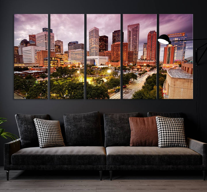 The Houston Wall Art Canvas Print in the living room displays a vibrant city skyline at twilight on museum-quality canvas with UV-protective coating.