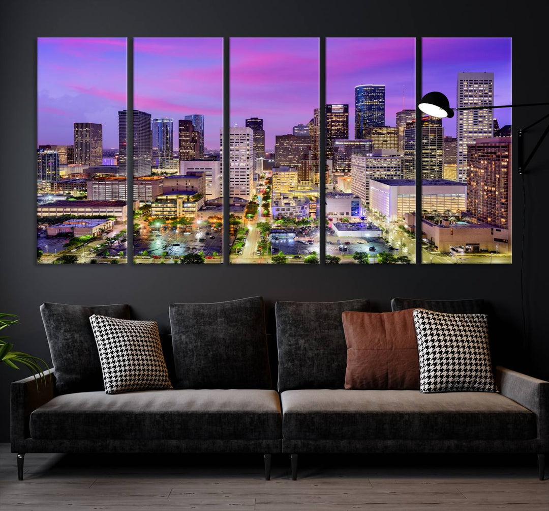 Houston Wall Art Canvas Print showcasing a vibrant cityscape at dusk on museum-quality canvas, expertly crafted by professional craftsmen.