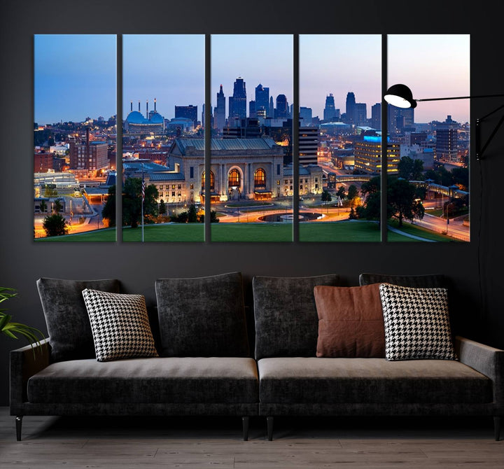 The Kansas City Skyline Canvas Wall Art Print hangs above, showcasing an iconic dusk cityscape with a historic building in the foreground, exuding urban sophistication.