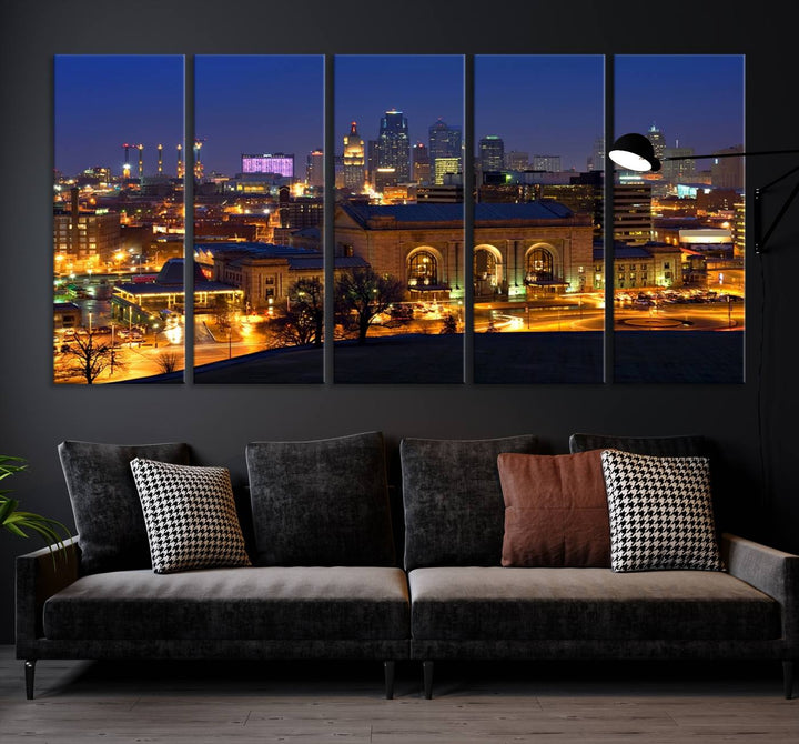 The Kansas City Night Canvas Print Wall Art creates a scene as captivating as museum-quality art, showcasing a city skyline at night with illuminated buildings.