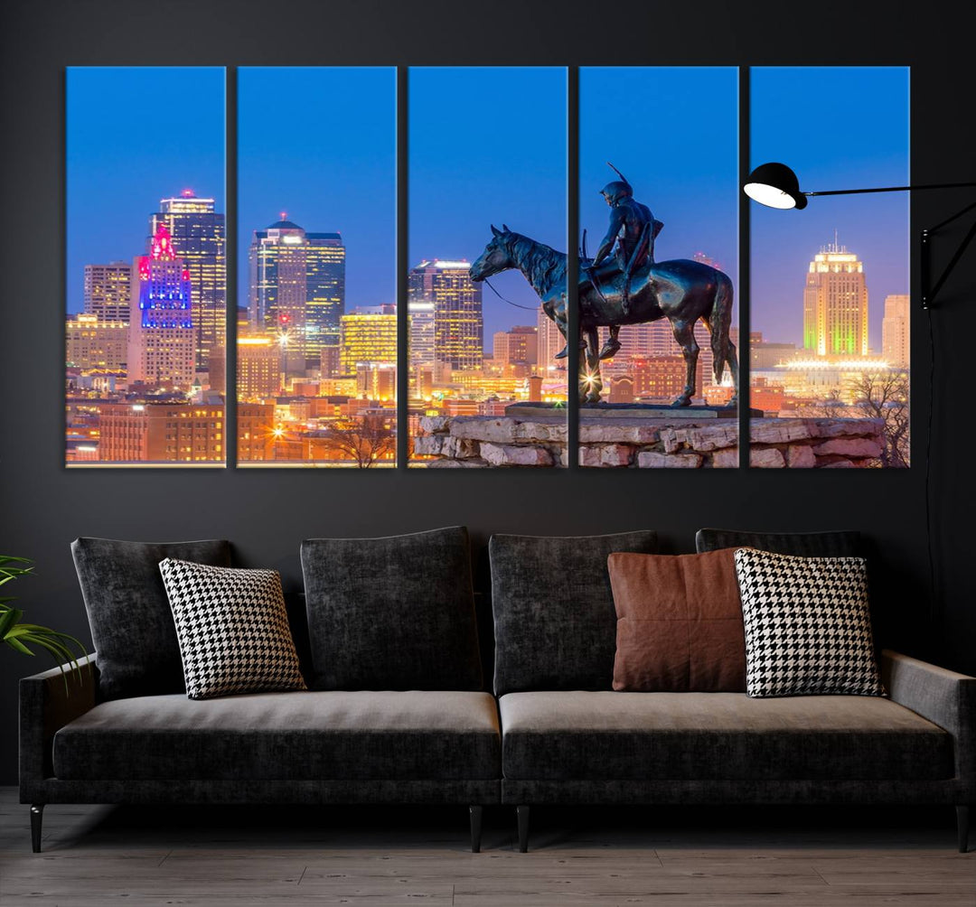 A large Kansas City Night Canvas Print Wall Art adorns the wall, gallery wrapped and finished with a UV-protective coating for lasting vibrancy.