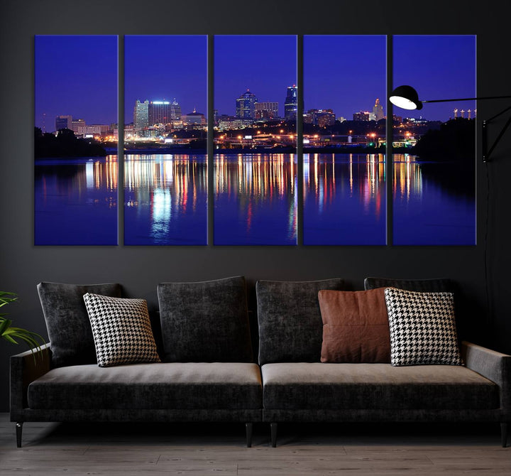 The Kansas City Night Canvas Print Wall Art captures the shimmering city skyline on the calm water, where every detail resembles a museum-quality polycotton masterpiece.