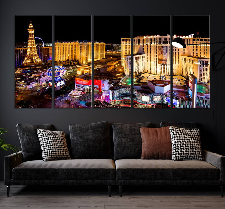 The Las Vegas Wall Art Canvas Print is a triptych set that showcases a stunning night view of Las Vegas. The illuminated buildings and the iconic faux Eiffel Tower add elegance to any space. Each piece comes with a UV-protective coating and is ready to hang, ensuring both style and durability.