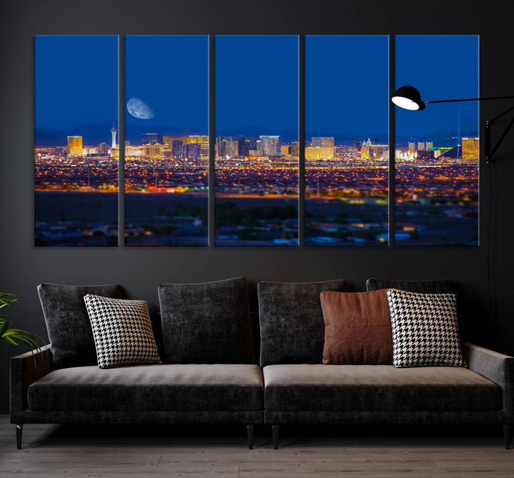 The Las Vegas Wall Art Canvas Print, depicting a city skyline at night, enhances a modern living room with its museum-quality canvas. This triptych comes ready to hang and boasts a UV-protective coating for lasting brilliance.