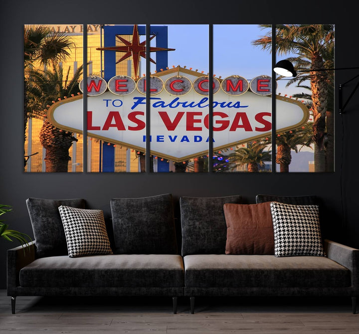 A Las Vegas Wall Art Canvas Print hangs on the wall, showcasing the iconic Welcome to Fabulous Las Vegas, Nevada sign. The museum-quality canvas guarantees vibrant colors with its UV-protective coating and is available with free shipping for added convenience.