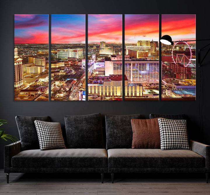 Las Vegas Wall Art Canvas Print depicting a vibrant cityscape at dusk on museum-quality canvas with a UV-protective coating, showcasing a skyline with colorful clouds.