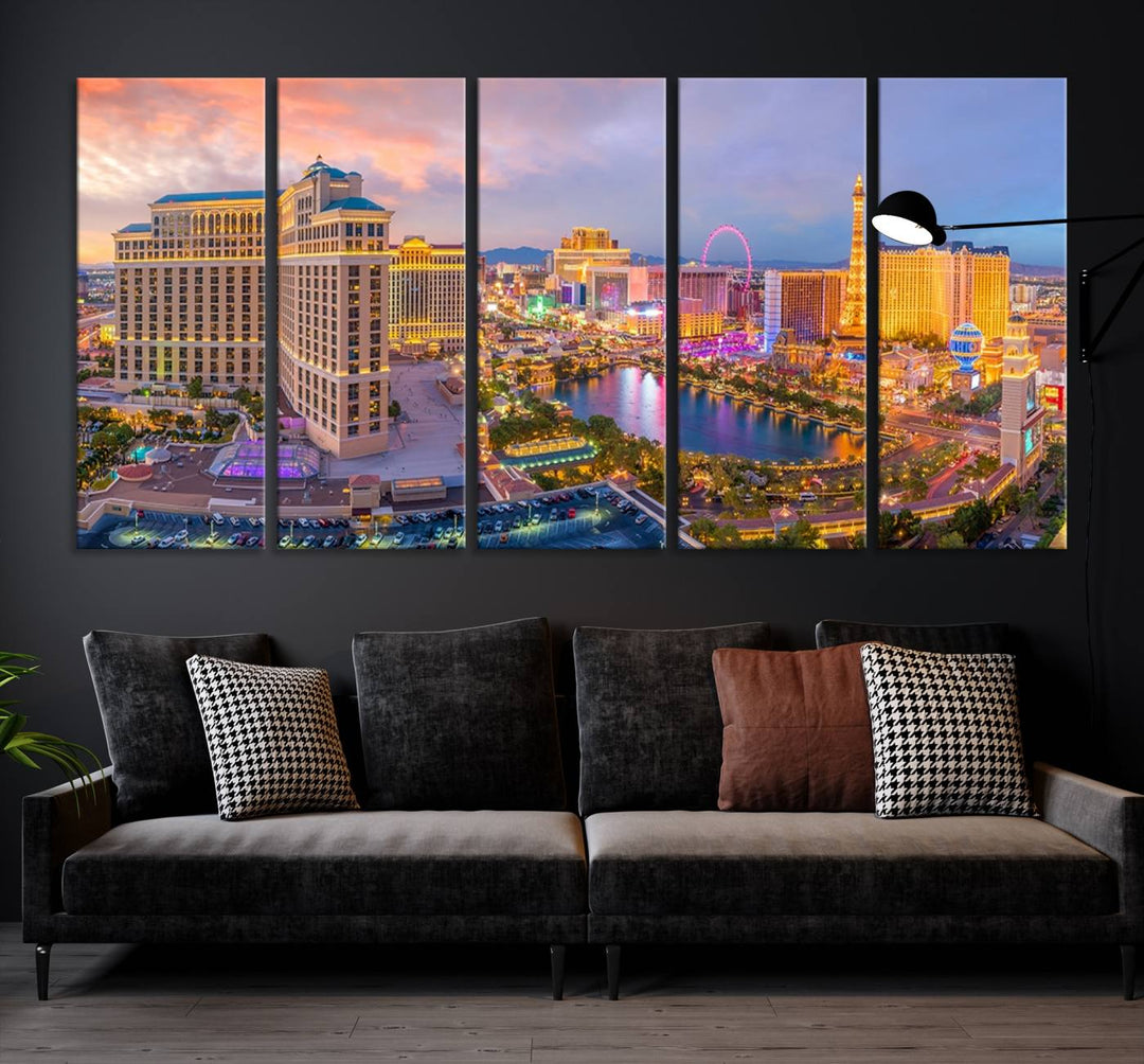 The gallery-wrapped triptych of the Las Vegas Wall Art Canvas Print, depicting the colorful skyline at sunset, adds a vibrant touch to the room. This artwork is crafted on museum-quality canvas and features a UV-protective coating for lasting durability.