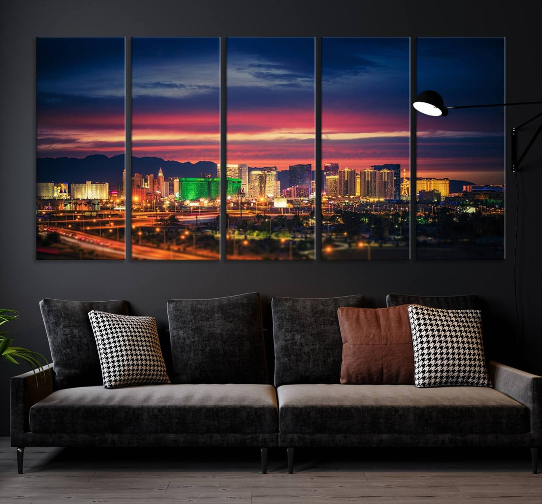 The living room is adorned with the Las Vegas Wall Art Canvas Print, a triptych showcasing a cityscape at sunset. This piece is crafted on museum-quality canvas and protected by a UV-coated finish, highlighting the craftsmanship of a skilled professional.