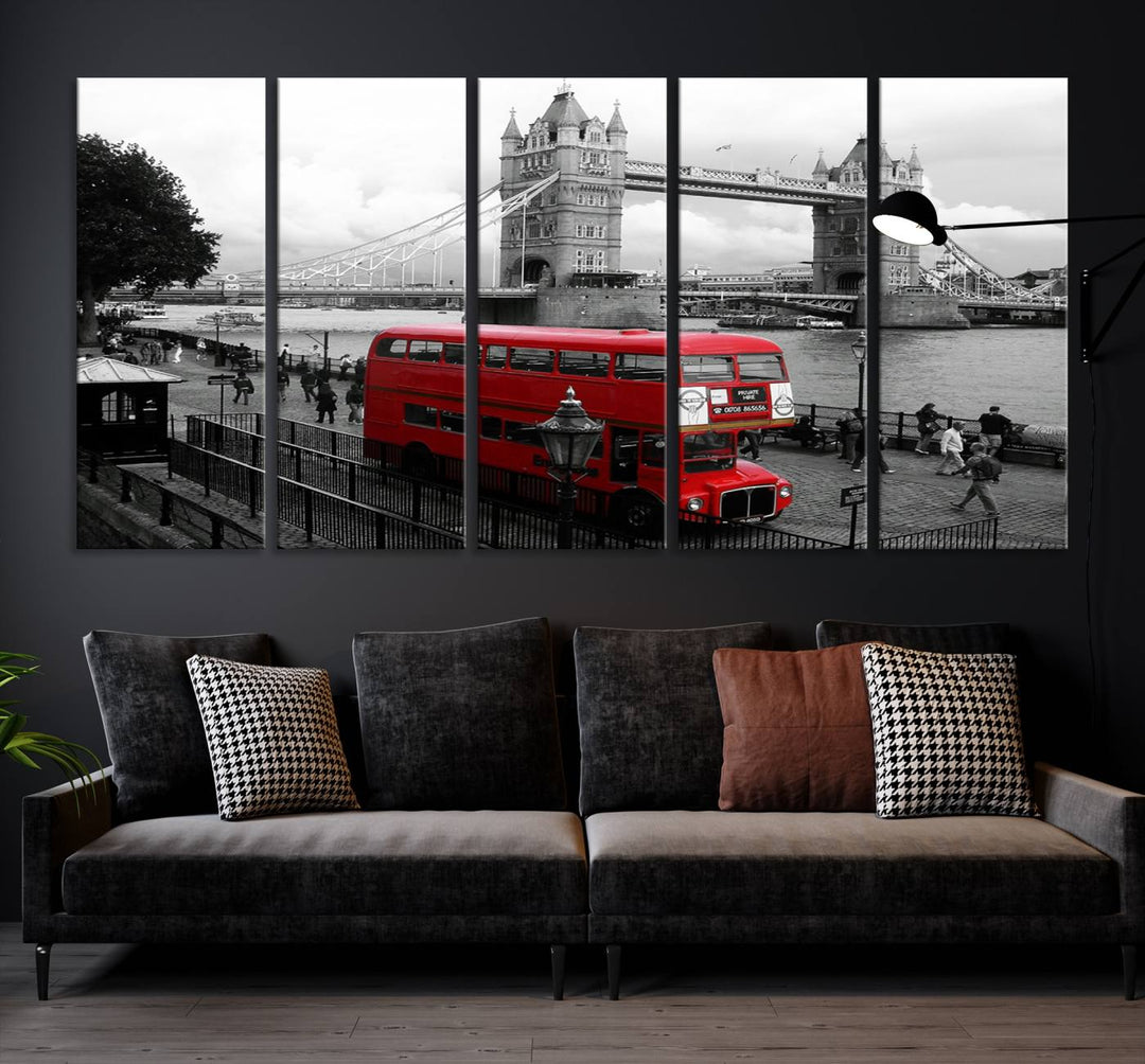 The London Red Bus and Bridge Wall Art Canvas Print showcases a red London bus in front of Tower Bridge, beautifully presented as a gallery-wrapped canvas. This striking image is divided into three panels, delivering a museum-quality display that's ready to hang.