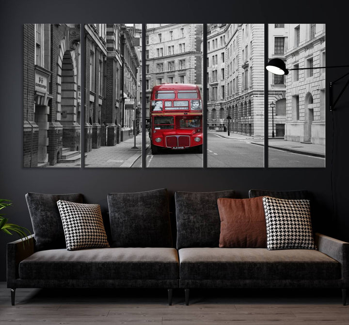 The living room features museum-quality London Red Bus Wall Art, showcasing a split canvas print of a red bus on a black and white city street. This artwork is ready to hang and includes a UV-protective coating to ensure long-lasting vibrance.