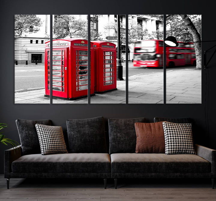 The London Red Bus and Phone Club Wall Art, a vivid night canvas print featuring iconic red buses and phone booths, is elegantly showcased on gallery-wrapped, museum-quality material. With its UV-protective coating, this captivating piece infuses your space with the charm of London.