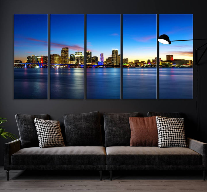 The living room features a Miami City Wall Art Canvas Print—a gallery-wrapped triptych displaying a city skyline at dusk, adding museum-quality elegance to the space.