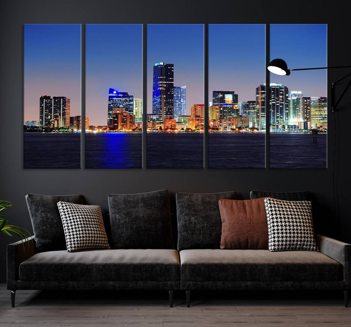 Miami City wall art canvas print showcasing a city skyline at dusk. Crafted on museum-quality canvas and designed to be ready to hang, it offers effortless elegance for your interior decor.