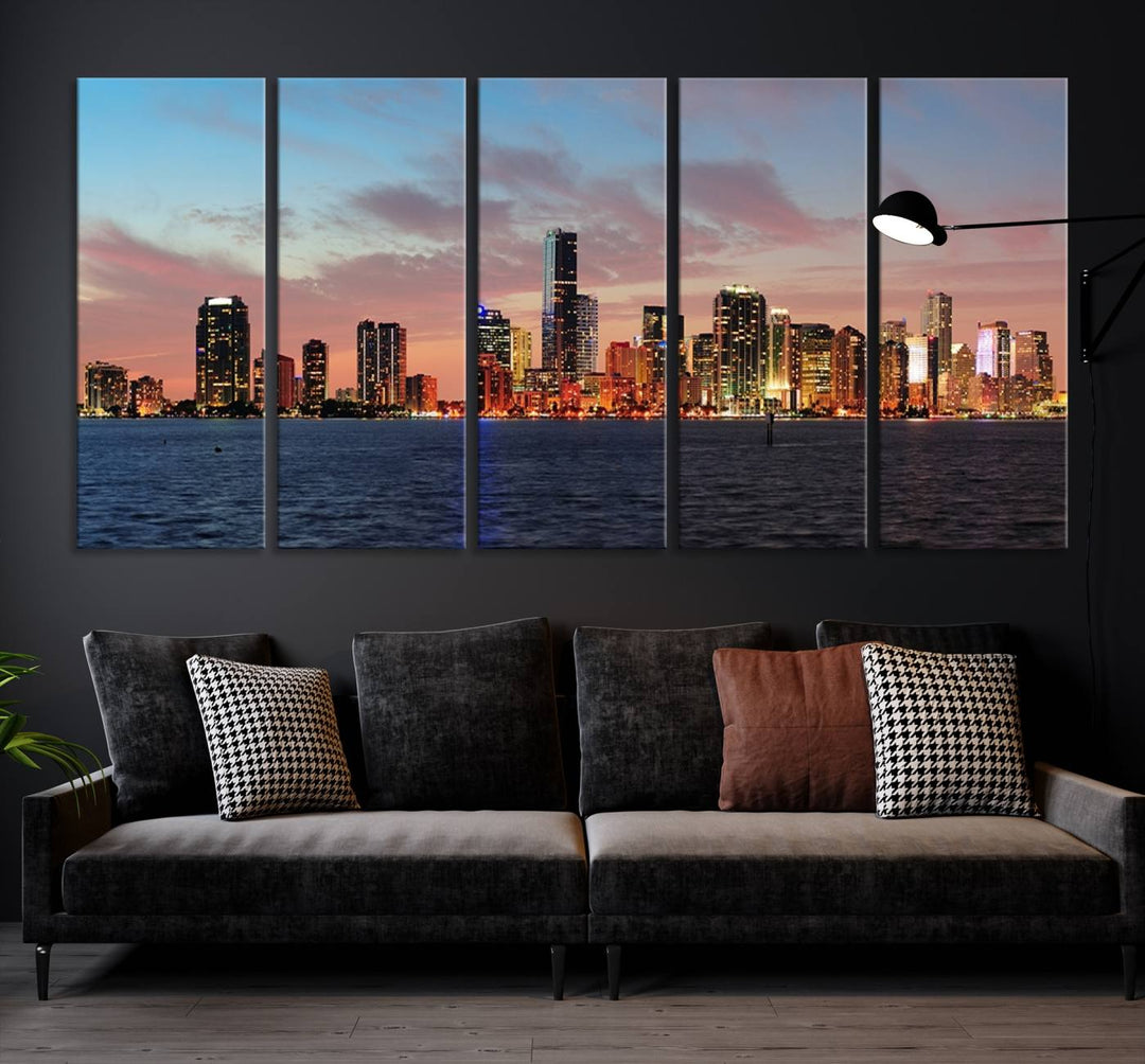 The Wall Art MIAMI Canvas Print emphasizes a vibrant cityscape at sunset. This artwork is presented on museum-quality canvas with gallery-wrapped edges, ensuring it stands out while maintaining its pristine condition for years to come.