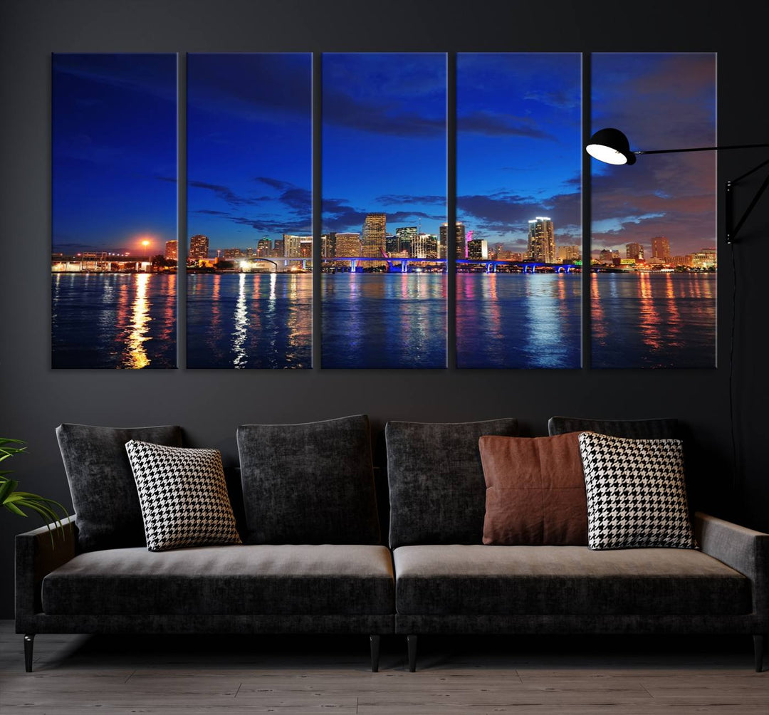 A large Miami City View Wall Art Canvas Print featuring the Miami City Skyline Panorama at night is displayed above the dresser.