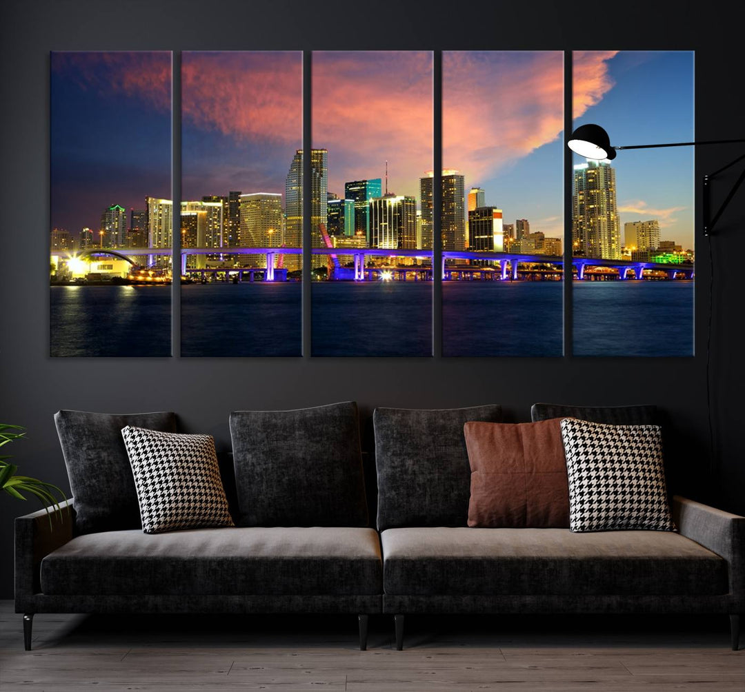 The modern living room is enhanced by the "Miami City Wall Art Canvas Print," a stunning triptych portraying a city skyline at sunset. These canvases are gallery wrapped and made from museum-quality materials, featuring a UV-protective coating to ensure lasting vibrancy.